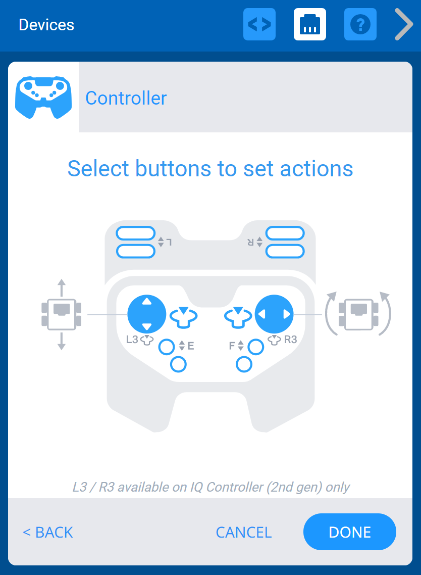 Kontrolör seçeneklerinin gösterildiği VEXcode IQ Aygıtları menüsü. Bir simge, her iki kumanda kolunun da Split Arcade kontrol şemasını kullanarak Aktarma Organlarını kontrol ettiğini gösterir.