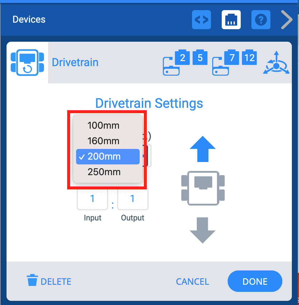 VEXcode IQ Devices উইন্ডোতে Drivetrain Settings মেনু দেখানো হয়েছে। চাকার আকারের ড্রপডাউন মেনুটি হাইলাইট করা হয়েছে।