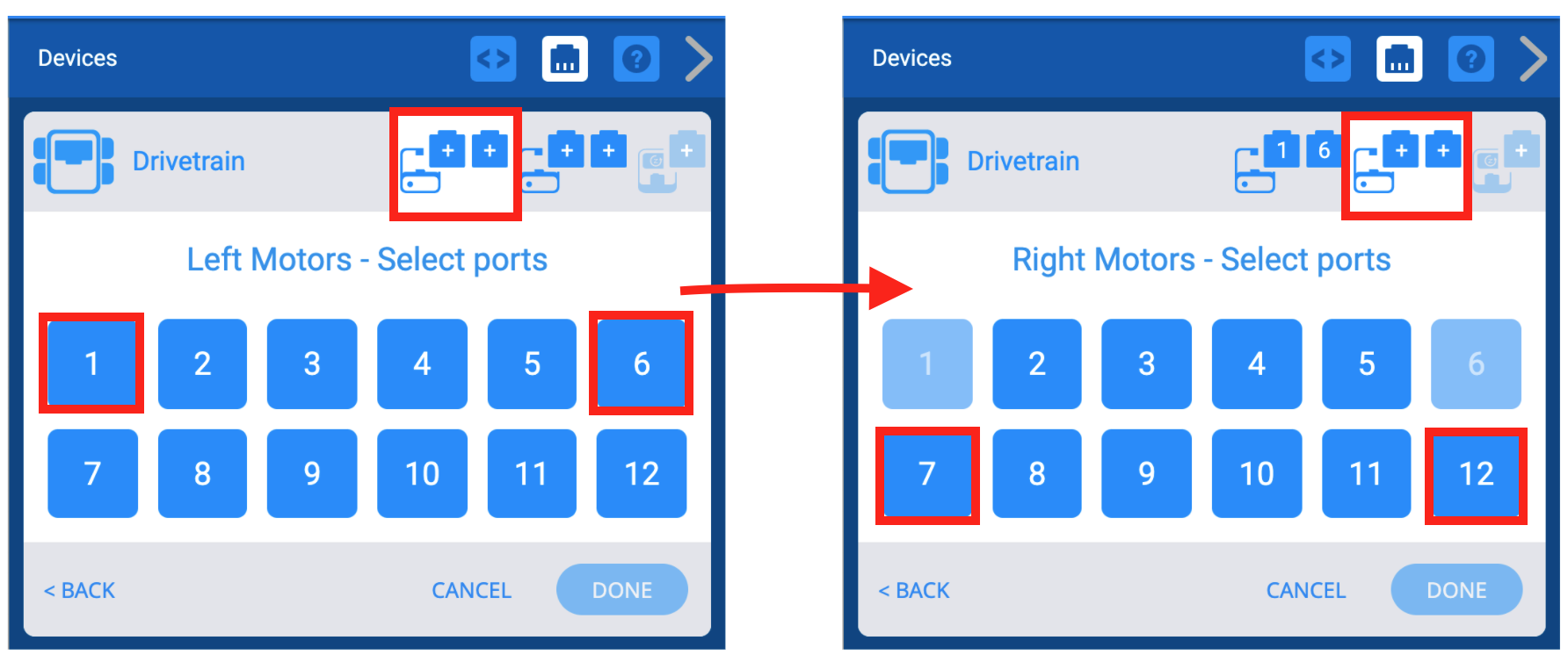 Twee schermafbeeldingen naast elkaar die het proces van het selecteren van poorten voor de twee linkermotoren en de twee rechtermotoren laten zien.