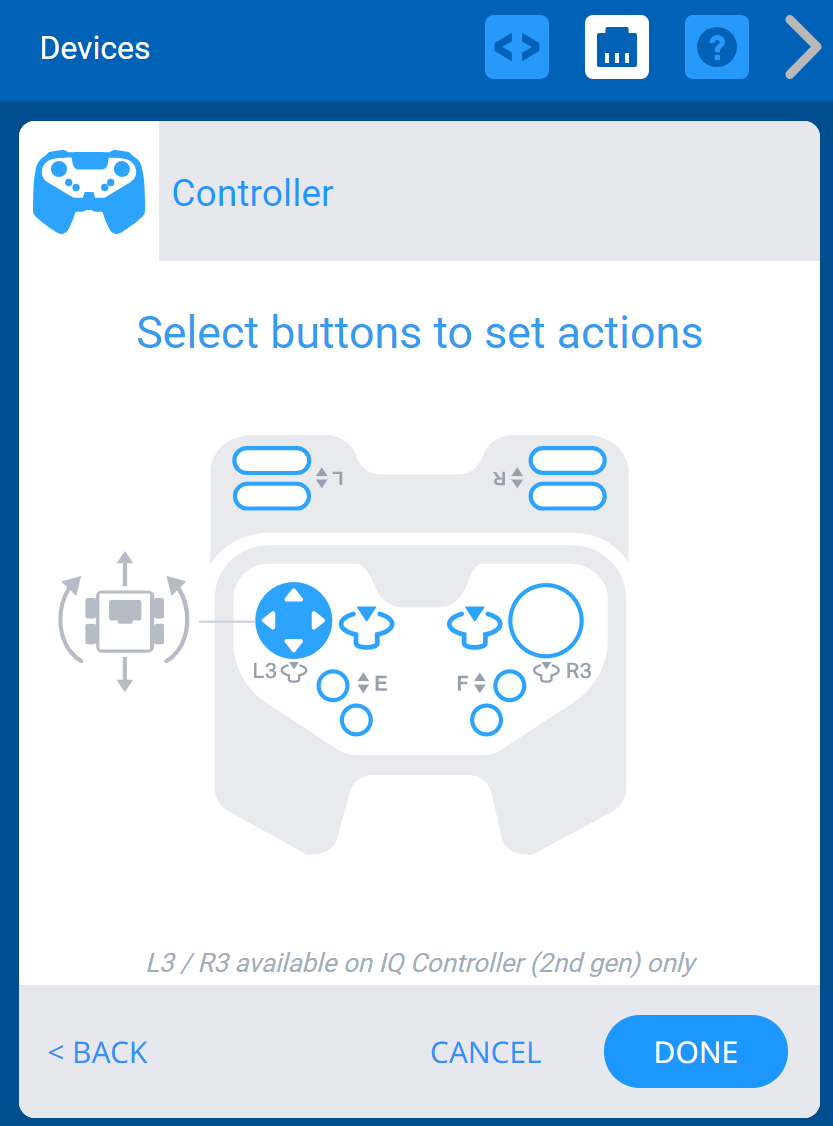 VEXcode IQ eszközök menü a megjelenített vezérlőopciókkal. Egy ikon jelzi, hogy a bal oldali joystick a bal oldali arcade vezérlési sémával vezérli a hajtásláncot.