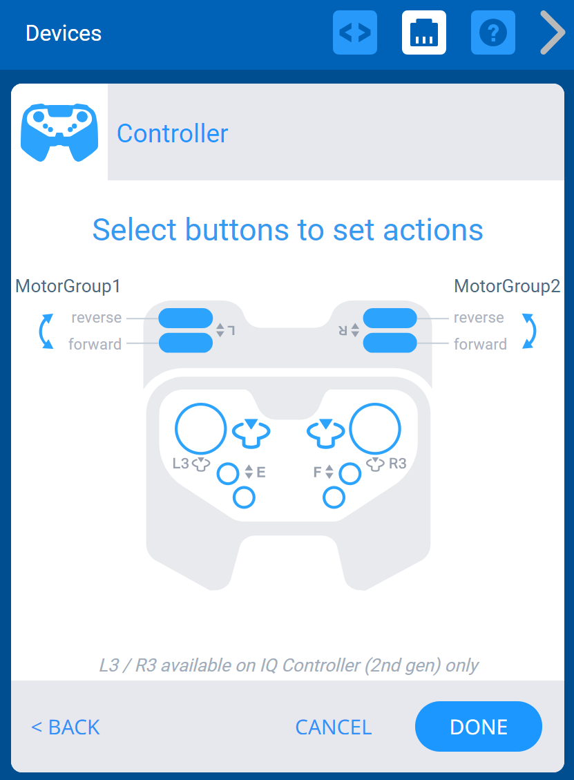 VEXcode IQ Devices-menu met de controlleropties weergegeven. Er is een diagram van alle knoppen op de controller. Elke knop kan worden verbonden met motorgroepen of aandrijflijnen door ze in het diagram te selecteren. De L- en R-asknoppen op de controller zijn verbonden met twee verschillende motorgroepen.