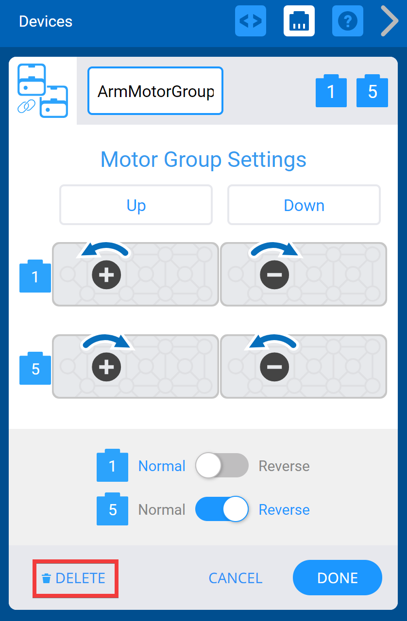 Fenêtre VEXcode IQ Devices avec le menu Paramètres du groupe de moteurs affiché. Ci-dessous, le bouton Supprimer est mis en évidence.