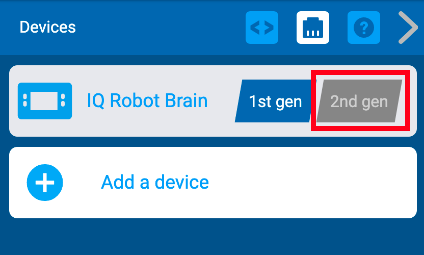 IQ റോബോട്ട് ബ്രെയിൻ ജനറേഷൻ ക്രമീകരണം കാണിച്ച് ഹൈലൈറ്റ് ചെയ്ത VEXcode IQ ഉപകരണ മെനു.