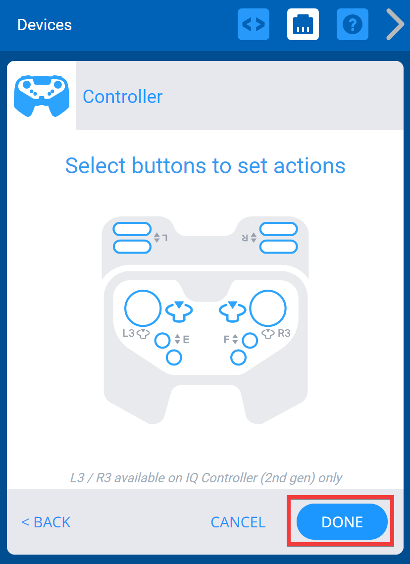 VEXcode IQ Devices-menu nadat u de optie Controller hebt geselecteerd. Hieronder is de knop Gereed gemarkeerd.