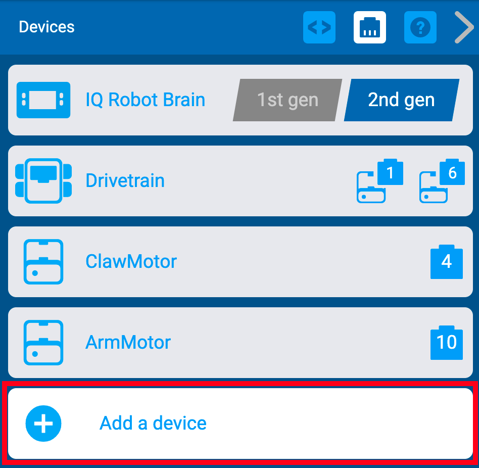 VEXcode IQ Geräte-Menü mit hervorgehobener Schaltfläche „Gerät hinzufügen“.