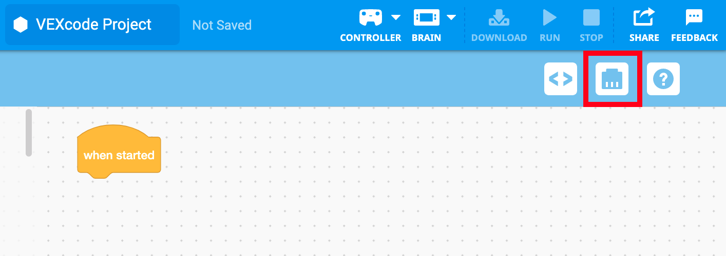 Barra de herramientas VEXcode IQ con el icono Dispositivos resaltado entre el Visor de código y los iconos de Ayuda.
