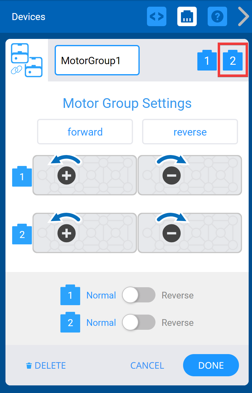 Ventana de dispositivos VEXcode IQ con el menú Configuración del grupo de motores mostrado. Arriba se resaltan los íconos de los Puertos Motorizados.