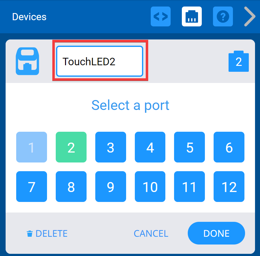 Touch LED опциялары көрсетілген VEXcode IQ құрылғыларының терезесі. Жоғарыда сенсорлық жарық диодты атауы оның атын өзгертуге болатынын көрсету үшін бөлектелген.