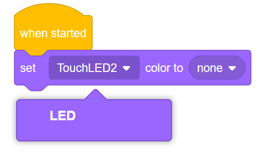 El bloque de color LED táctil VEXcode IQ Set se muestra con el menú desplegable LED táctil abierto. El nuevo nombre del LED táctil se muestra en el menú, en este ejemplo se llama LED.