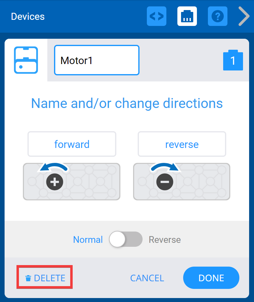 Fenêtre VEXcode IQ Devices avec les options de moteur affichées. Ci-dessous, le bouton Supprimer est mis en évidence.