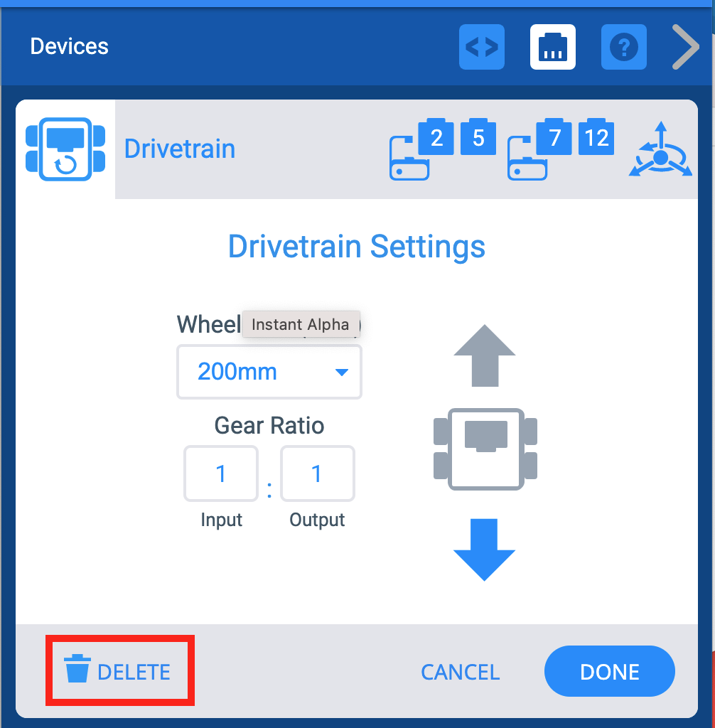 نافذة أجهزة VEXcode IQ مع قائمة إعدادات Drivetrain المعروضة. في الأسفل، يتم تسليط الضوء على زر الحذف.
