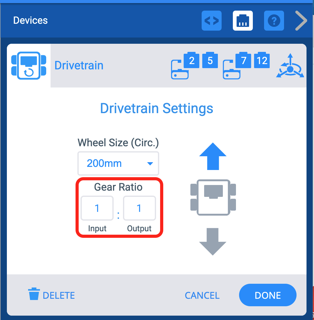 Fenêtre VEXcode IQ Devices avec le menu Paramètres de transmission affiché. Les options de rapport de transmission sont mises en évidence. Il y a un champ de saisie et un champ de sortie, ainsi qu'un symbole indiquant que les nombres représentent un ratio.