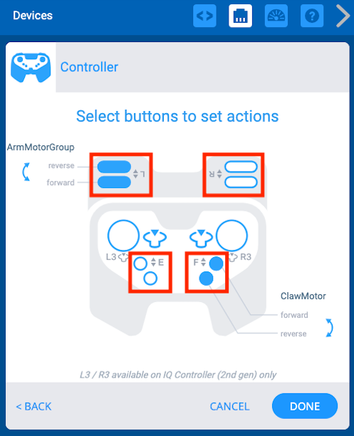 コントローラー オプションが表示された VEXcode IQ デバイス メニュー。 ジョイスティック以外のボタンが強調表示され、L 軸ボタンと F 軸ボタンがアーム モーター グループとクロー モーター グループに接続されています。