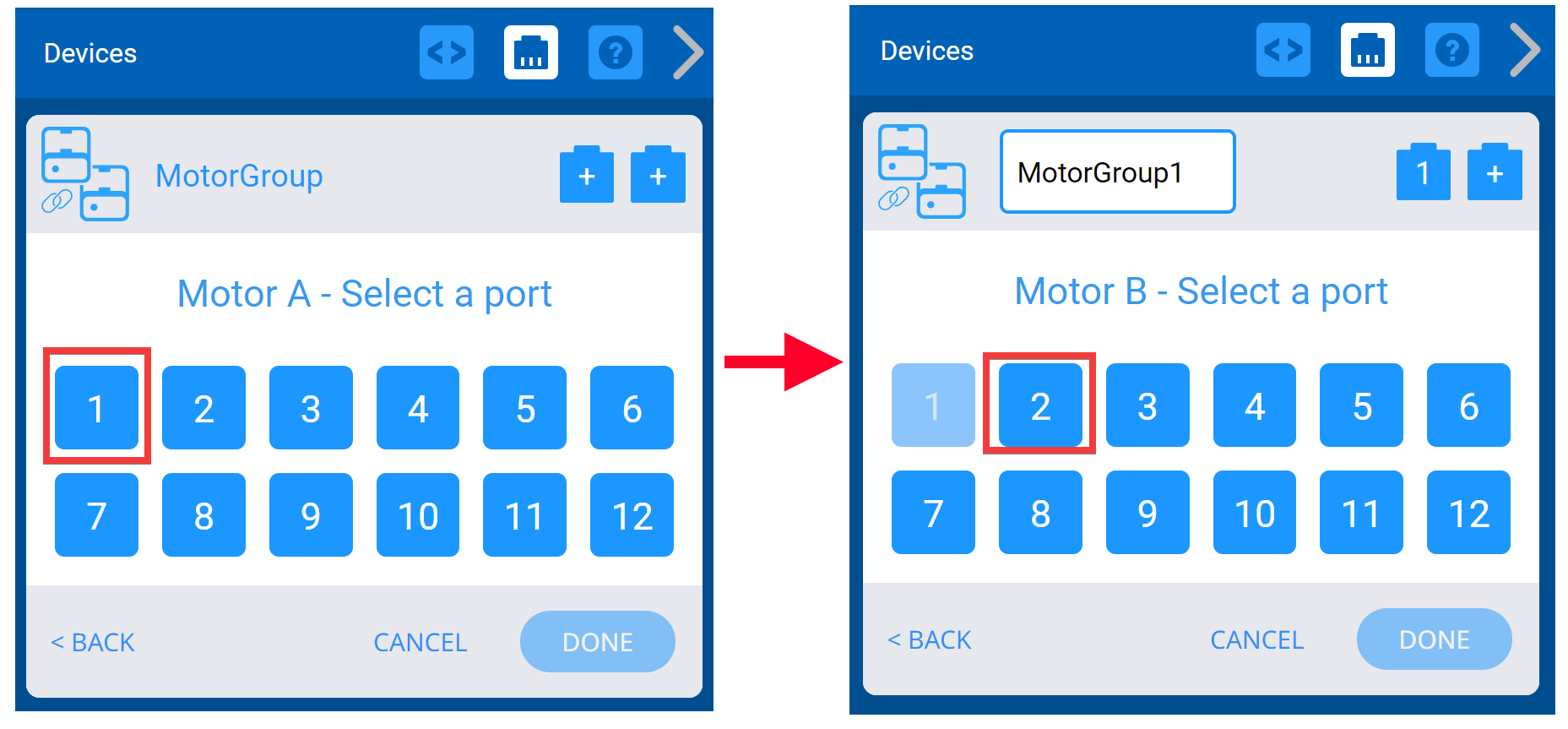 Dua tangkapan layar berdampingan yang memperlihatkan proses pemilihan Port untuk Motor A dan Motor B.
