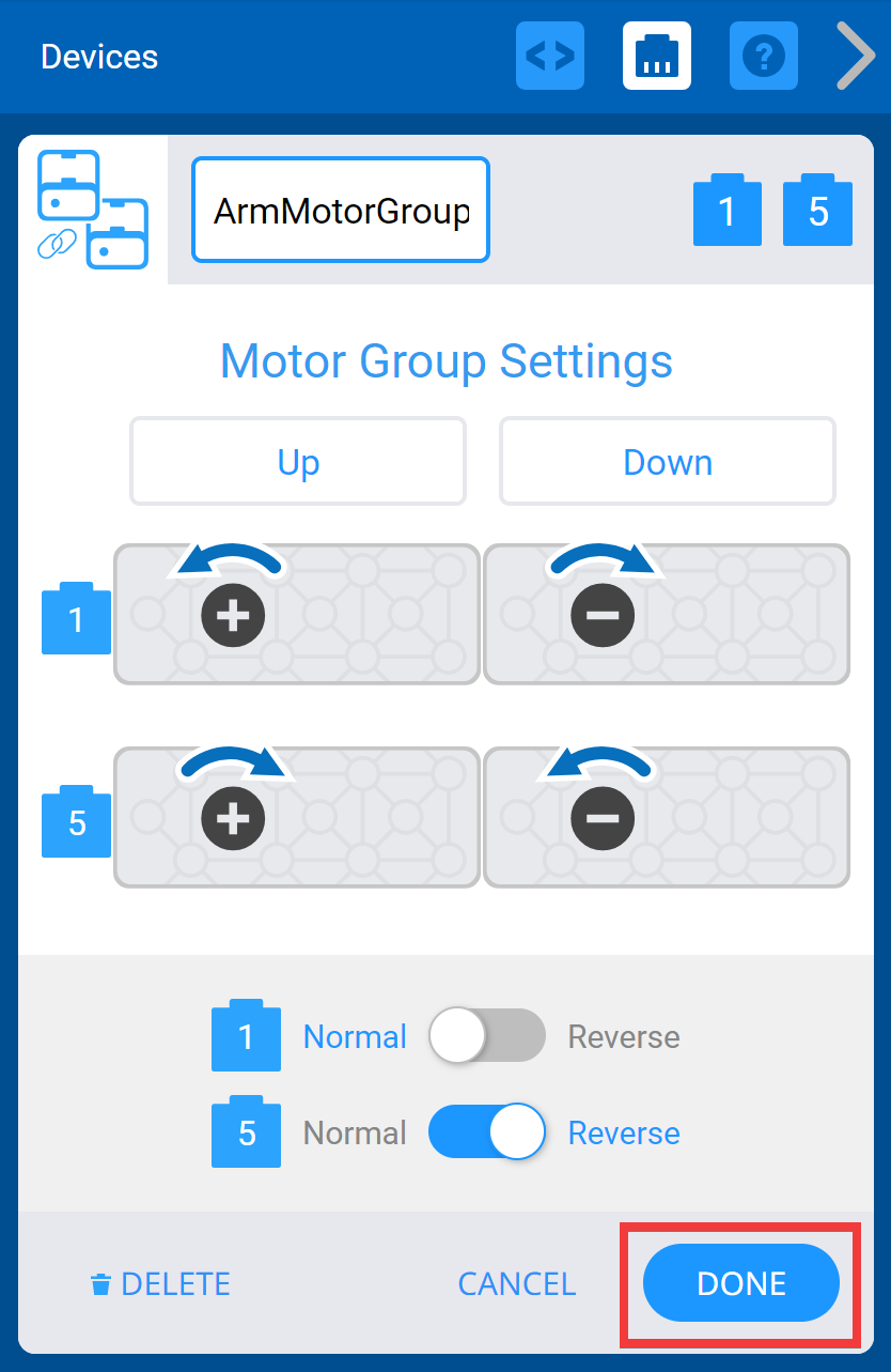 Motor Group Settings мәзірі көрсетілген VEXcode IQ Devices терезесі. Төменде Дайын түймесі бөлектелген.