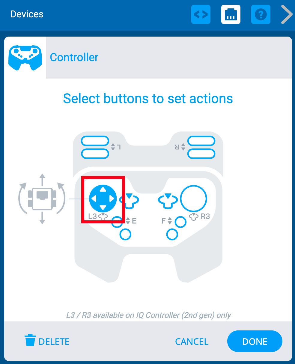 Menu de dispositivos VEXcode IQ com as opções do controlador apresentadas. Existe um diagrama com todos os botões do controlador, e cada botão pode ser ligado a Grupos de Motores ou Sistemas de Transmissão, seleccionando-os no diagrama. O botão do joystick esquerdo está destacado e um ícone indica que está ligado ao Arcade Esquerdo no Drivetrain.
