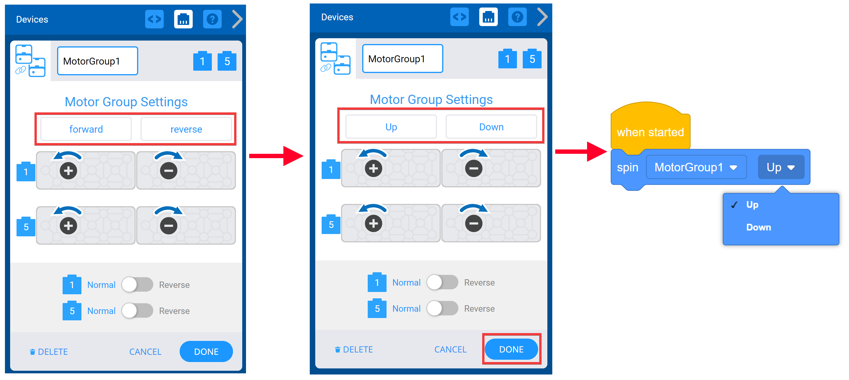 Tangkapan layar memperlihatkan Pengaturan Grup Motor yang digunakan untuk mengganti nama arah Grup Motor. Berikutnya, menu tarik-turun arah blok Putar ditampilkan dan nama arah Grup Motor baru tersedia di menu.