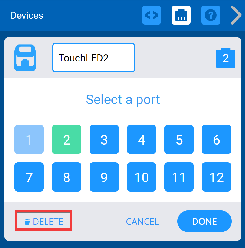 VEXcode IQ Devices-menu met de Touch LED-opties weergegeven. Hieronder is de knop Verwijderen gemarkeerd.