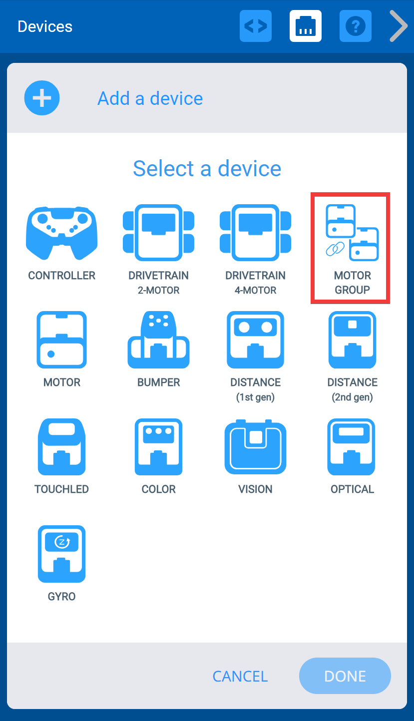 Menu VEXcode IQ-apparaten nadat u op de knop Apparaat toevoegen hebt geklikt. De optie Motorgroep is gemarkeerd.