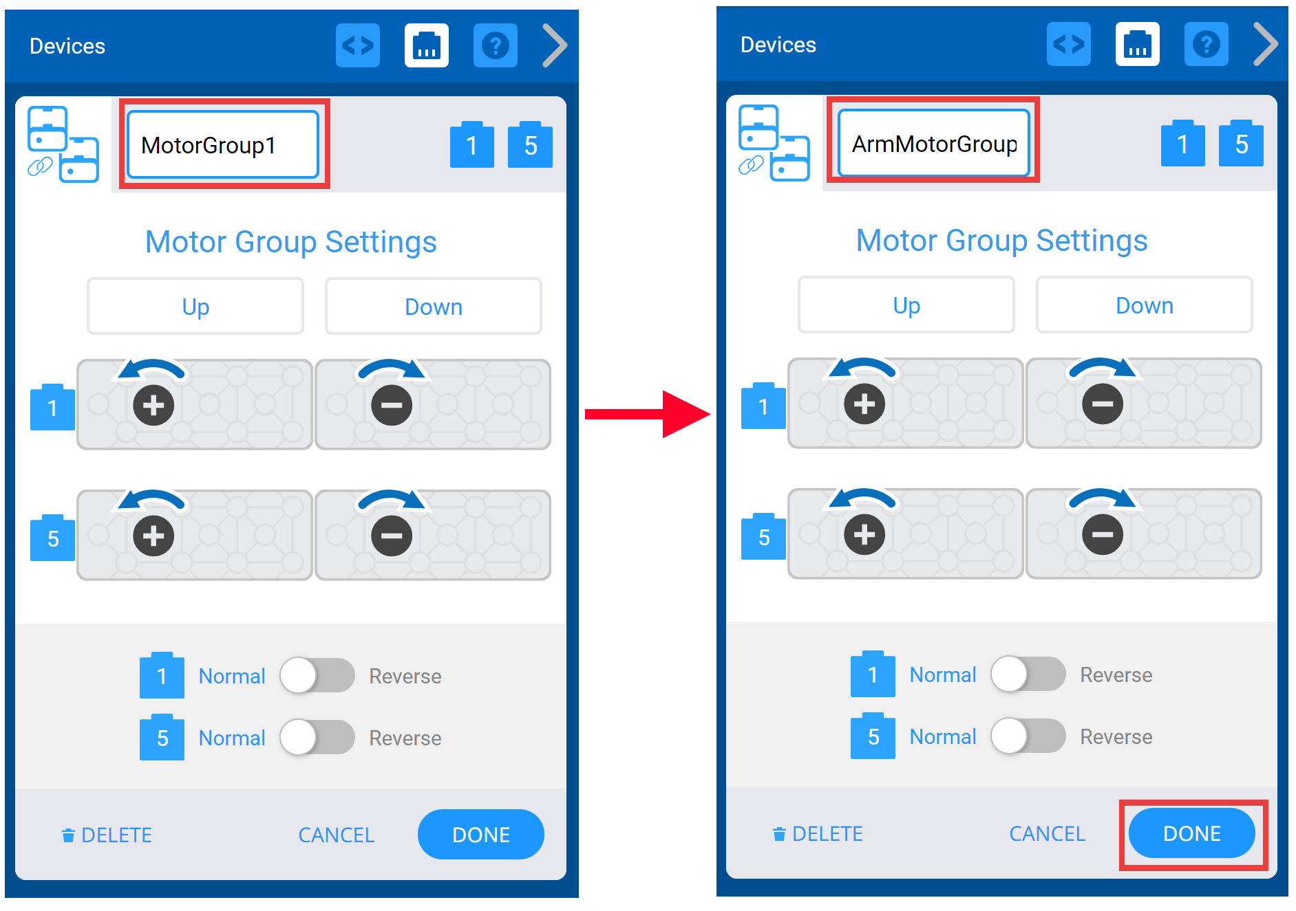 Finestra Dispositivi VEXcode IQ con il menu Impostazioni gruppo motore visualizzato. Qui sopra è evidenziato il nome del Motor Group per indicare che può essere rinominato. In questo esempio è stato rinominato ArmMotorGroup.