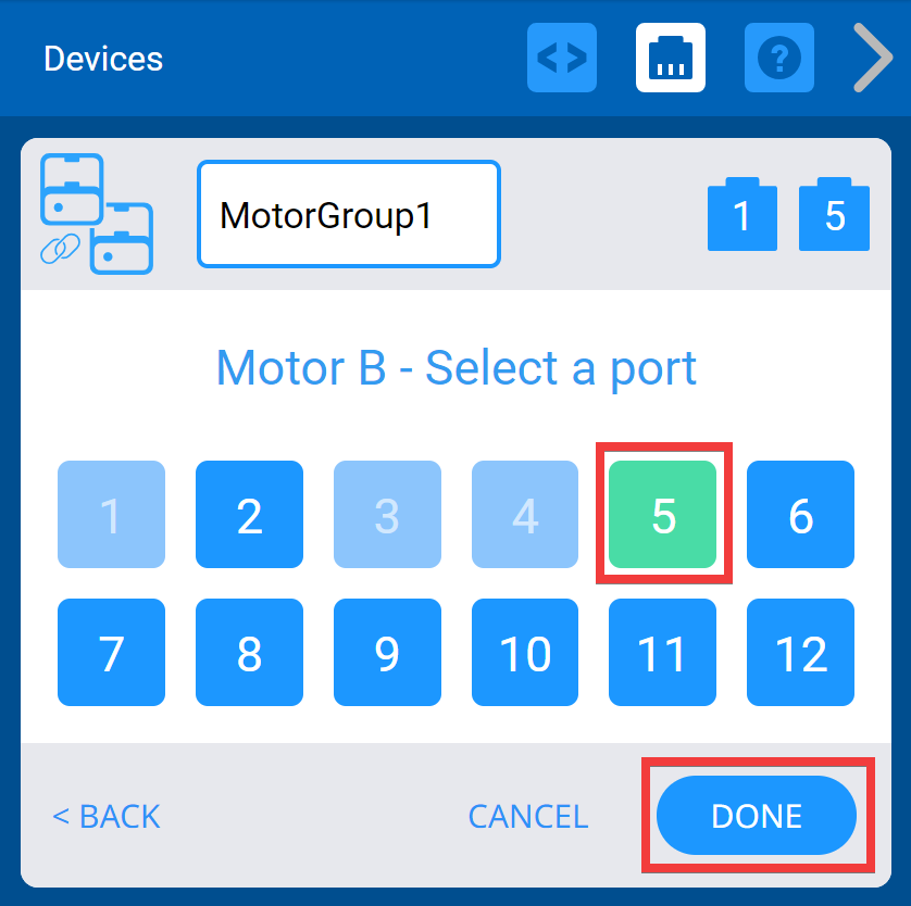 VEXcode IQ Aygıtları Port Seçimi menüsü, önceden ayarlanmış Port numaralarını değiştirmek için kullanılıyor. Daha önce seçilen Portlar yeşil renkte gösterilecek ve yeni Portlar seçildikten sonra kullanıcı değişiklikleri kaydetmek için Bitti'ye basabilir.