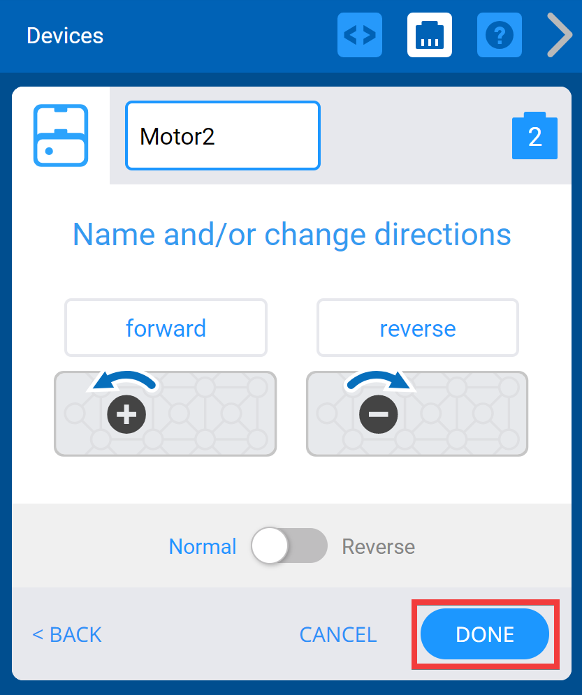 スマート ポートを選択し、モーター オプションを表示した後の VEXcode IQ デバイス メニュー。 以下では、「完了」ボタンが強調表示されています。