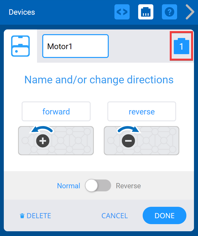 Мотор опциялары көрсетілген VEXcode IQ құрылғыларының терезесі. Жоғарыда Мотор портының белгішесі бөлектелген.