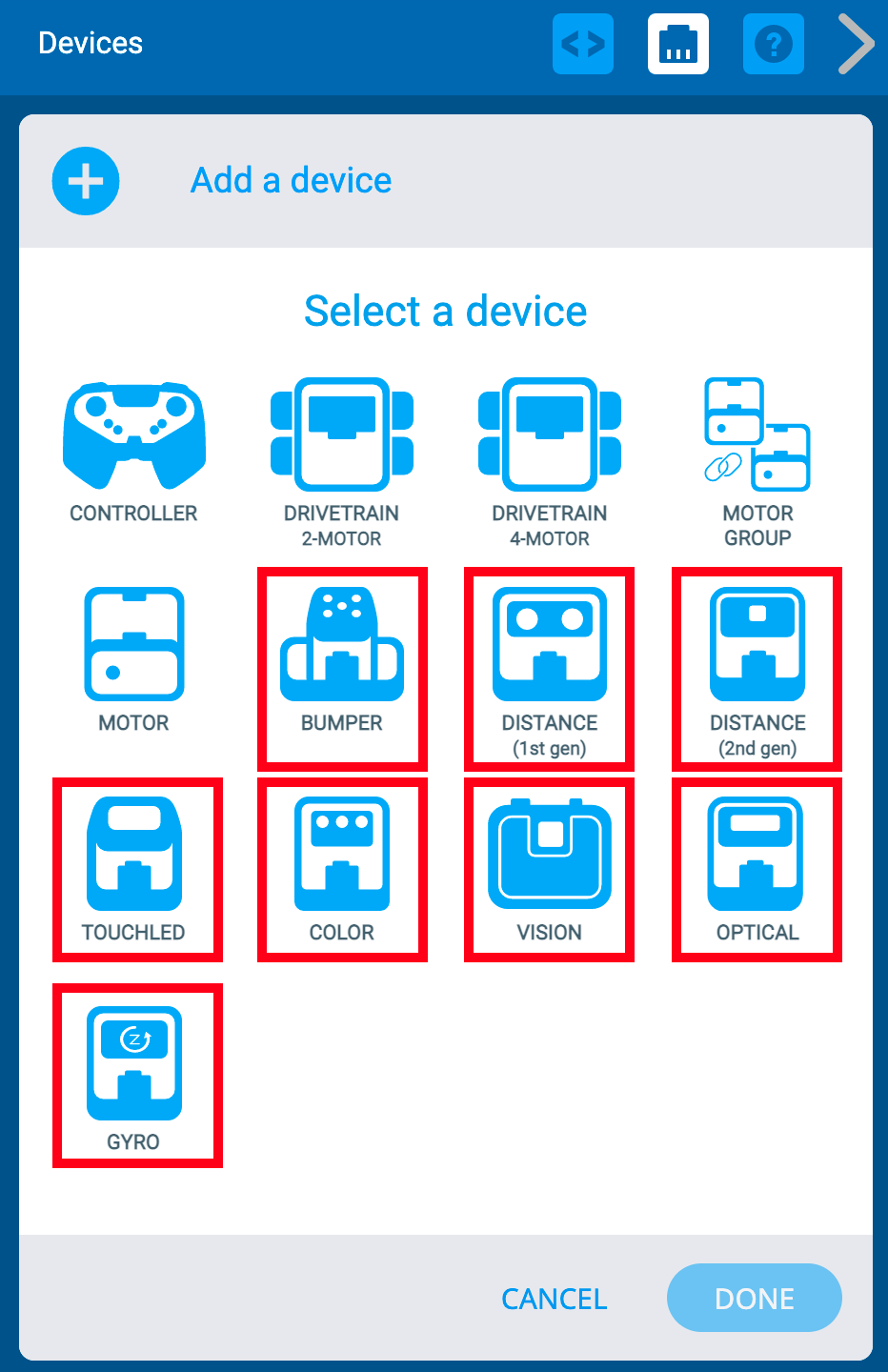 Menu de dispositivos VEXcode IQ após selecionar o botão Adicionar um dispositivo. Todas as opções de sensores estão destacadas.