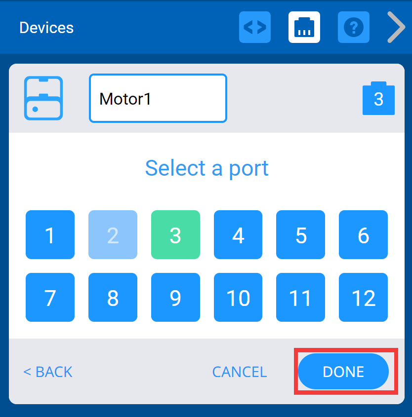 Menu Pemilihan Port Perangkat VEXcode IQ digunakan untuk mengubah nomor Port yang telah ditetapkan. Port yang dipilih akan berwarna hijau, dan setelah memilih port baru, pengguna dapat menekan Selesai untuk menyimpan perubahan.