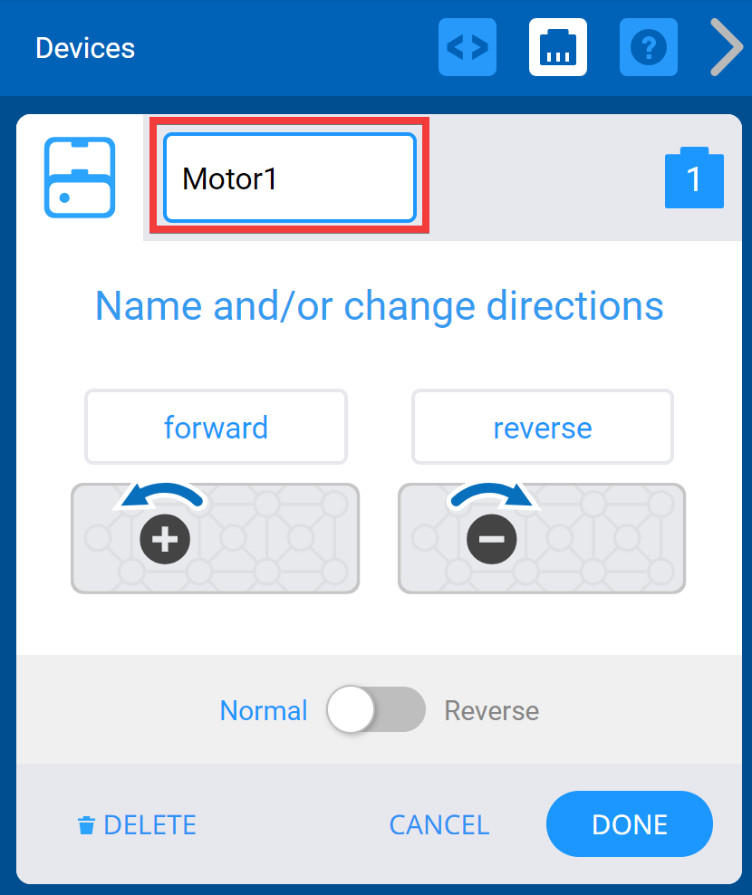 Jendela Perangkat VEXcode IQ dengan opsi Motor ditampilkan. Di atas, nama Motor disorot untuk menunjukkan bahwa motor tersebut dapat diganti namanya.