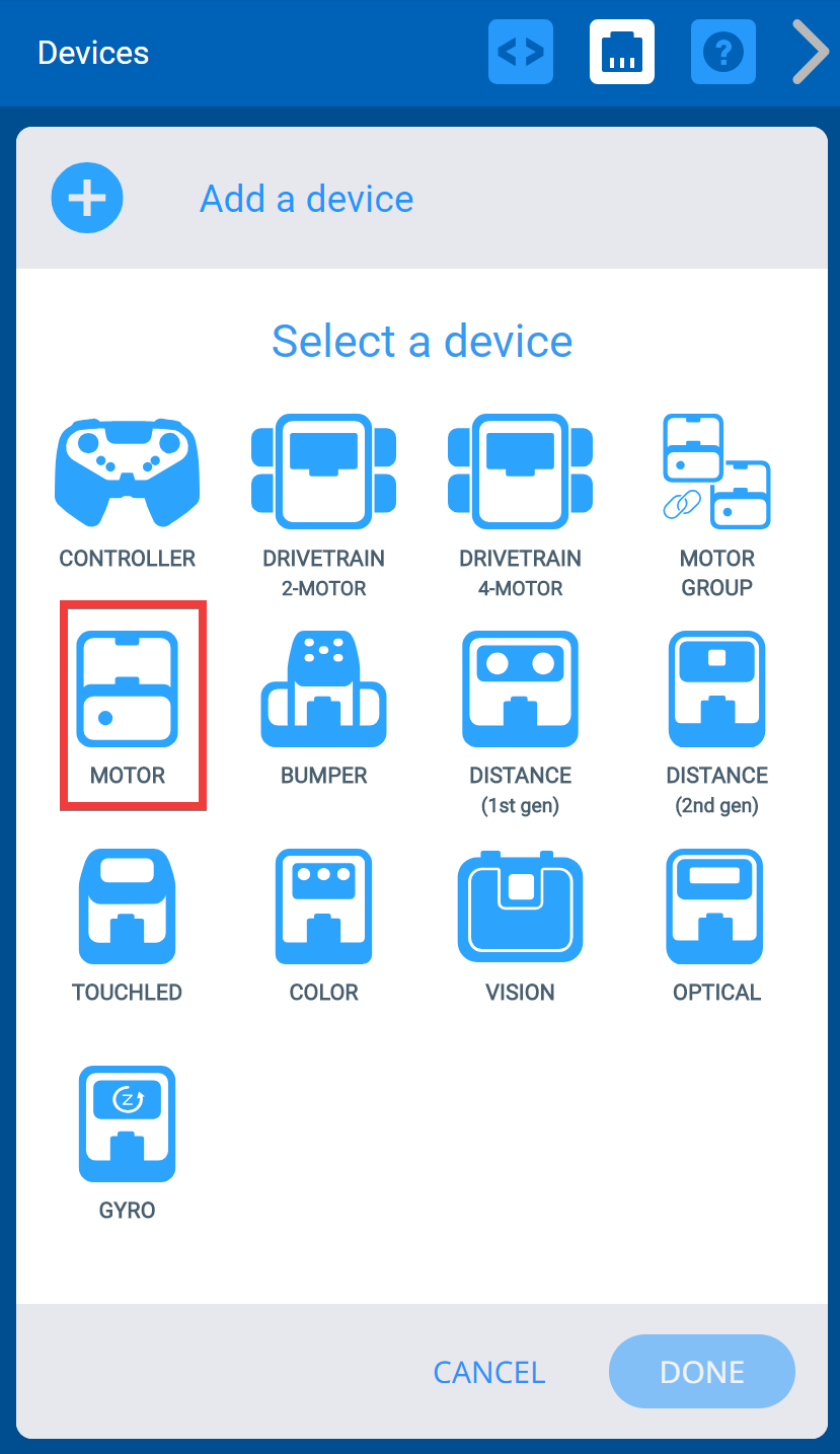 デバイスの追加ボタンを選択した後の VEXcode IQ デバイス メニュー。 モーター オプションが強調表示されます。