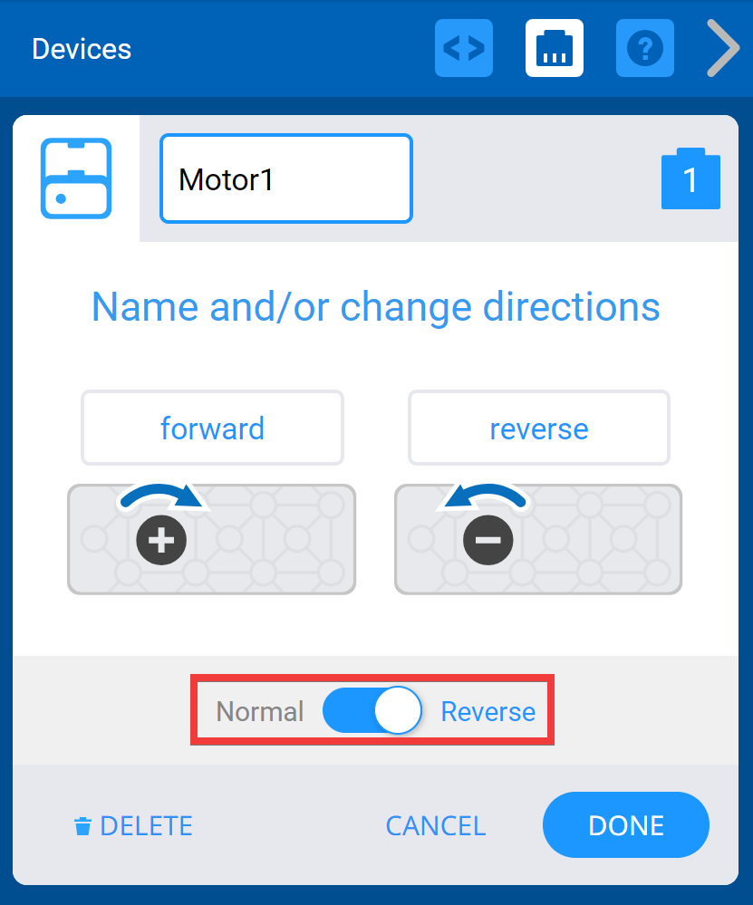Мотор опциялары көрсетілген VEXcode IQ құрылғыларының терезесі. Төменде кері қозғалтқыш опциясы таңдалып, бөлектелген. Бұл түймені қозғалтқыштың айналу бағытын өзгерту үшін пайдалануға болады.
