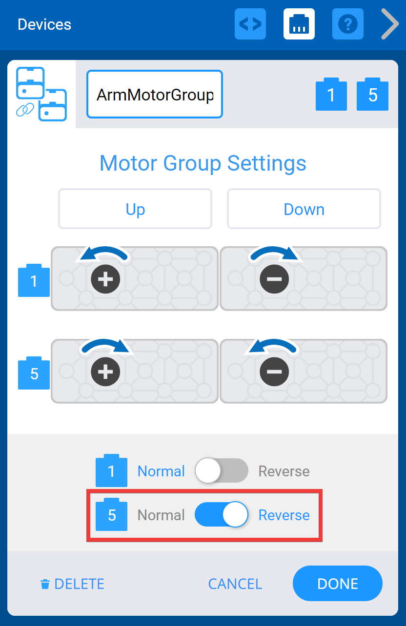 Ventana de dispositivos VEXcode IQ con el menú Configuración del grupo de motores mostrado. A continuación, se selecciona y resalta la opción Motor inverso. Estos botones se pueden utilizar para invertir un motor en el grupo de motores o ambos.
