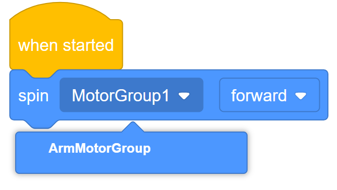 El bloque VEXcode IQ Spin se muestra con el menú desplegable Grupo de motores abierto. El nuevo nombre del Grupo Motor se muestra en el menú. En este ejemplo se muestra el nombre ArmMotorGroup.