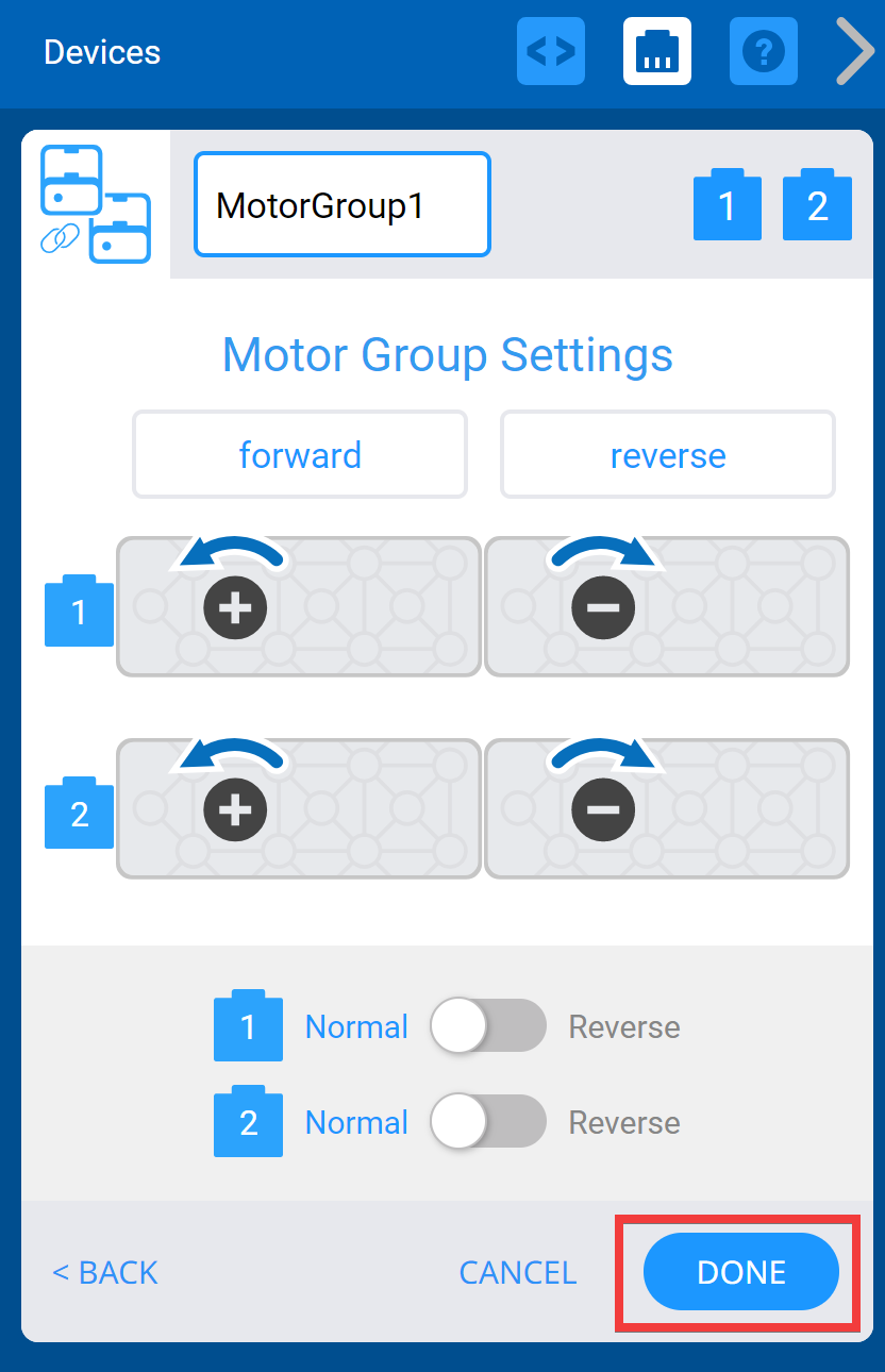 Menu Thiết bị VEXcode IQ sau khi chọn Cổng nhóm động cơ và màn hình Cài đặt nhóm động cơ được hiển thị. Bên dưới, nút Xong được tô sáng.
