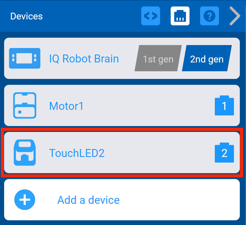 VEXcode IQ Geräte-Menü mit hervorgehobenem, zuvor hinzugefügtem Touch-LED-Sensor.