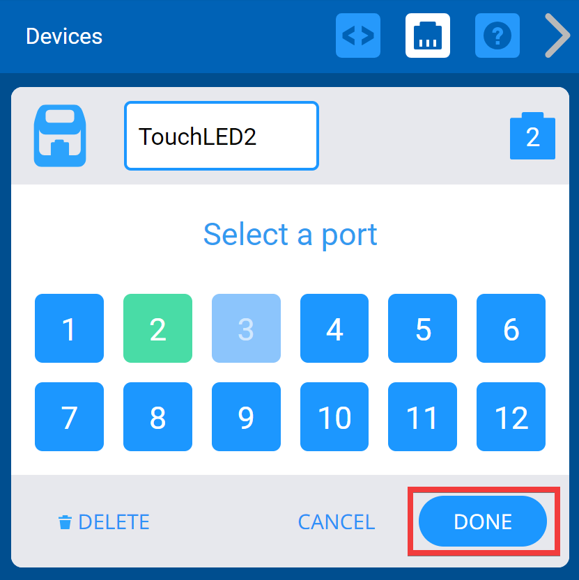 Captura de pantalla del menú Seleccionar un puerto que muestra el proceso de selección de puertos para el sensor LED táctil.