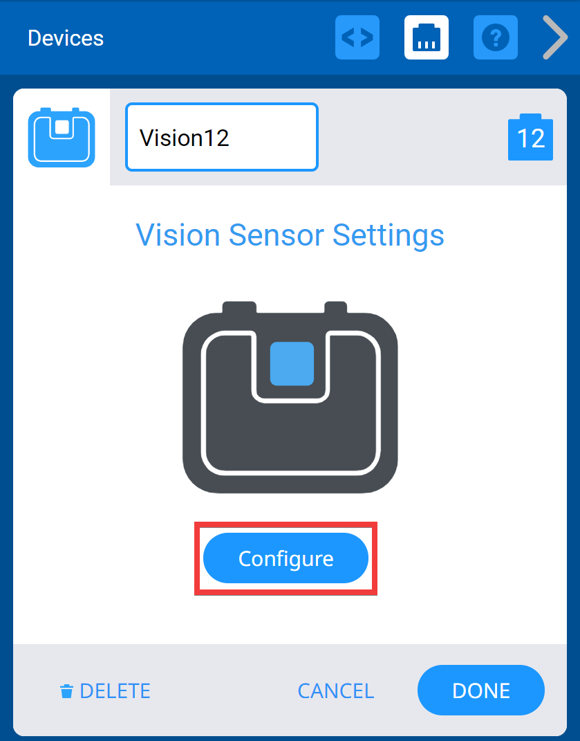 रोबोट कॉन्फ़िगरेशन अनुभाग को दर्शाने वाला VEXcode IQ इंटरफ़ेस का स्क्रीनशॉट, जिसमें VEX IQ रोबोट सेटिंग्स और घटकों को कॉन्फ़िगर करने के विकल्प दिए गए हैं, जिसका उद्देश्य रोबोटिक्स शिक्षा में शिक्षकों और छात्रों को ध्यान में रखना है।