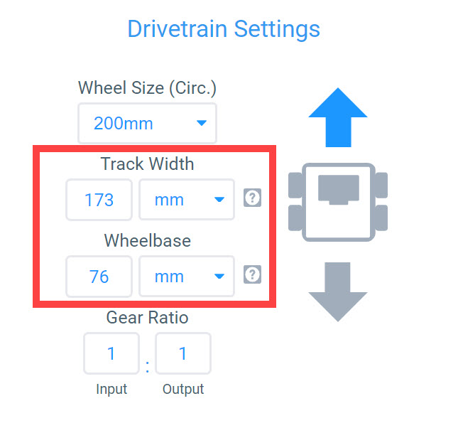 Drivetrain Settings мәзірі көрсетілген VEXcode IQ Devices терезесі. Track Width және Wheelbase опциялары бөлектелген. Әрбір опцияда санға арналған өріс, содан кейін бірлік, мм немесе дюйм таңдау үшін ашылмалы мәзір бар.