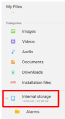 Failu pārvaldnieka logs Android ierīcē, kurā ir iezīmēta mape Iekšējā atmiņa.