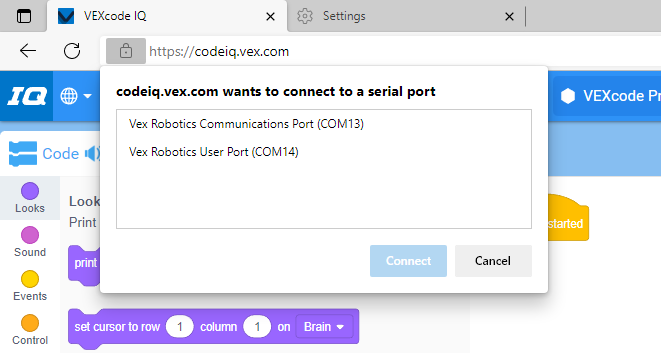Jendela koneksi perangkat Edge dengan dua item yang terdaftar. Item pertama bertuliskan Port Komunikasi Vex Robotics, dan item kedua bertuliskan Port Pengguna Vex Robotics.