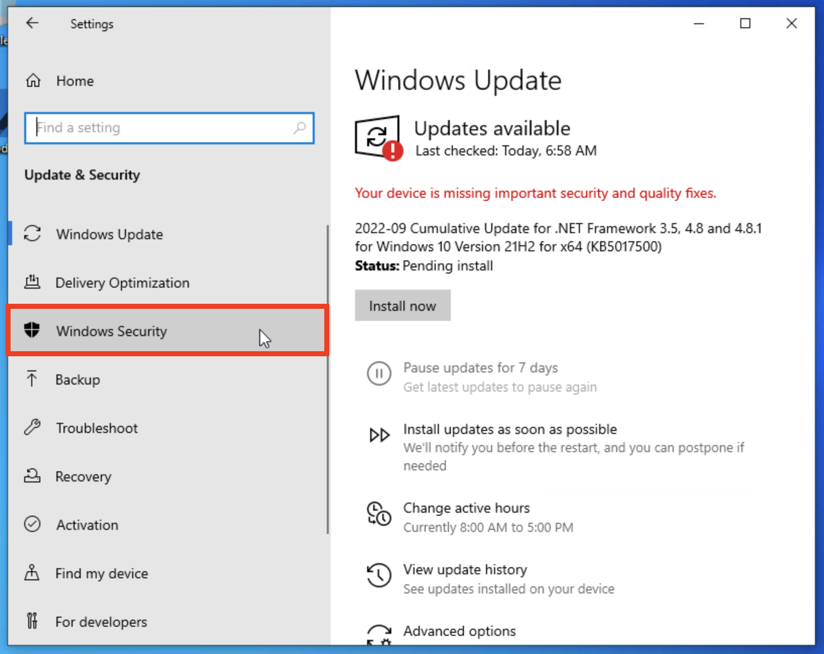 Windows параметрлері мәзірі ашық және Жаңарту және қауіпсіздік параметрлерін көрсетеді. Сол жақ шарлау жолағында Windows қауіпсіздік опциясы бөлектелген.