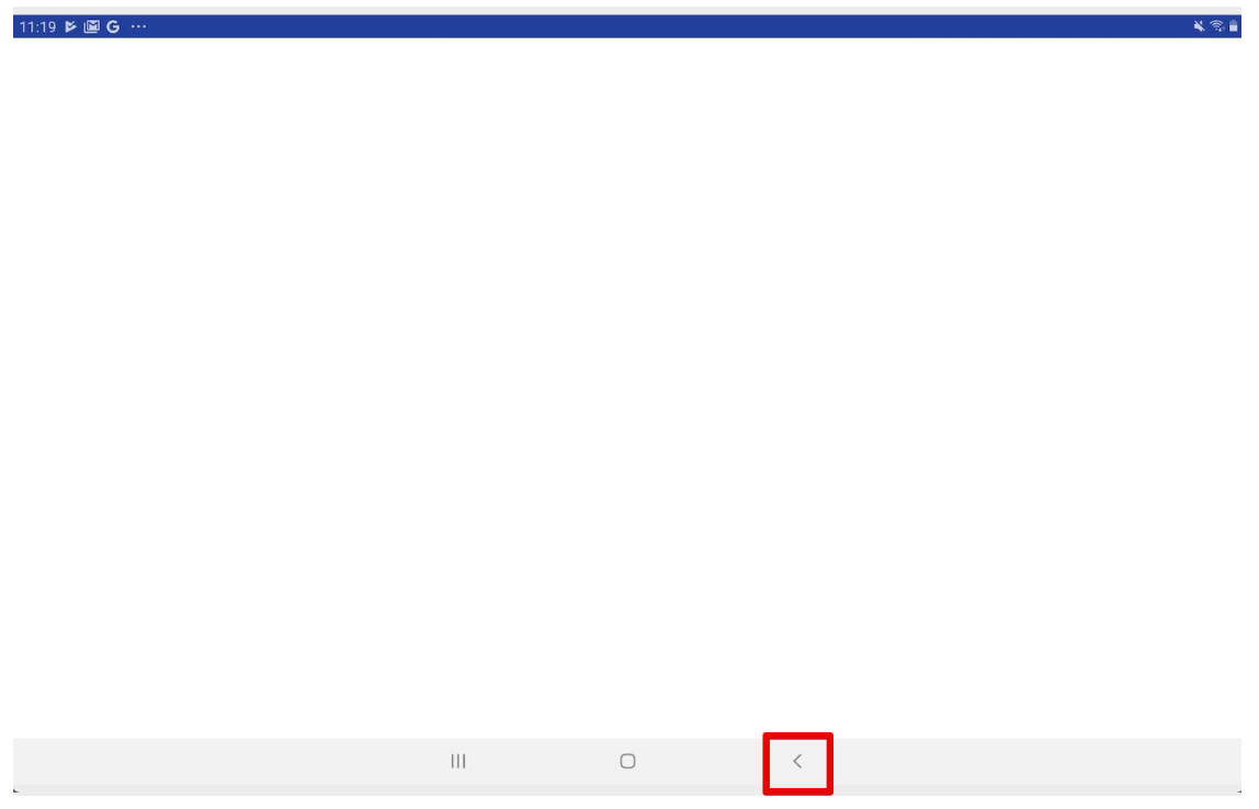 VEXcode IQ bir Android tablette açılıyor ancak ekran boş ve uygulama yüklenmiyor. Android navigasyon menüsünün sağ tarafındaki Geri butonu vurgulanmış ve bu butonun uygulamayı zorla kapatmak için kullanılabileceğini gösteriyor.