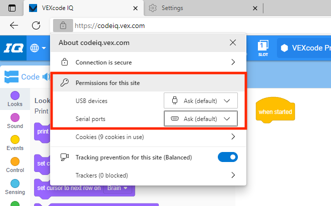 এজ সাইট ইনফরমেশন ড্রপডাউন মেনু খোলা হয় এবং USB ডিভাইস অনুমতি বিকল্প এবং সিরিয়াল পোর্ট অনুমতি বিকল্পটি টগল করা হয়।