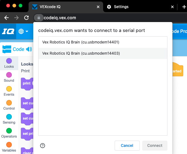 Chrome デバイスの接続ウィンドウが開き、2 つの項目がリストされています。 どちらの項目も VEX Robotics IQ Brain と表示されますが、接続 ID が異なります。
