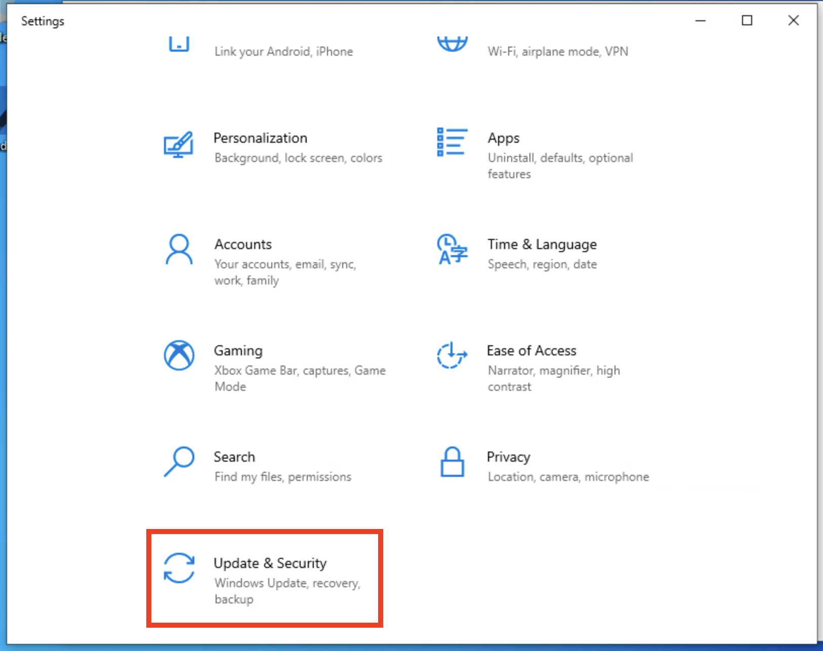 Windows 설정 메뉴가 열려 있고 업데이트 및 보안 설정 옵션이 강조 표시되어 있습니다.