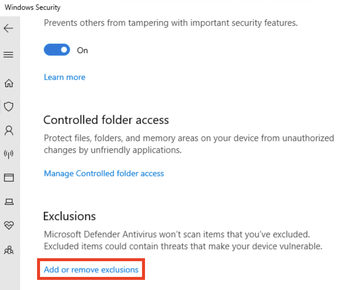 Windows-Sicherheit mit geöffnetem Menü „Einstellungen für Viren- und Bedrohungsschutz“. Im unteren Bereich des Menüs befindet sich die Kategorie „Ausschlüsse“ mit einer hervorgehobenen Schaltfläche, auf der „Ausschlüsse hinzufügen oder entfernen“ steht.