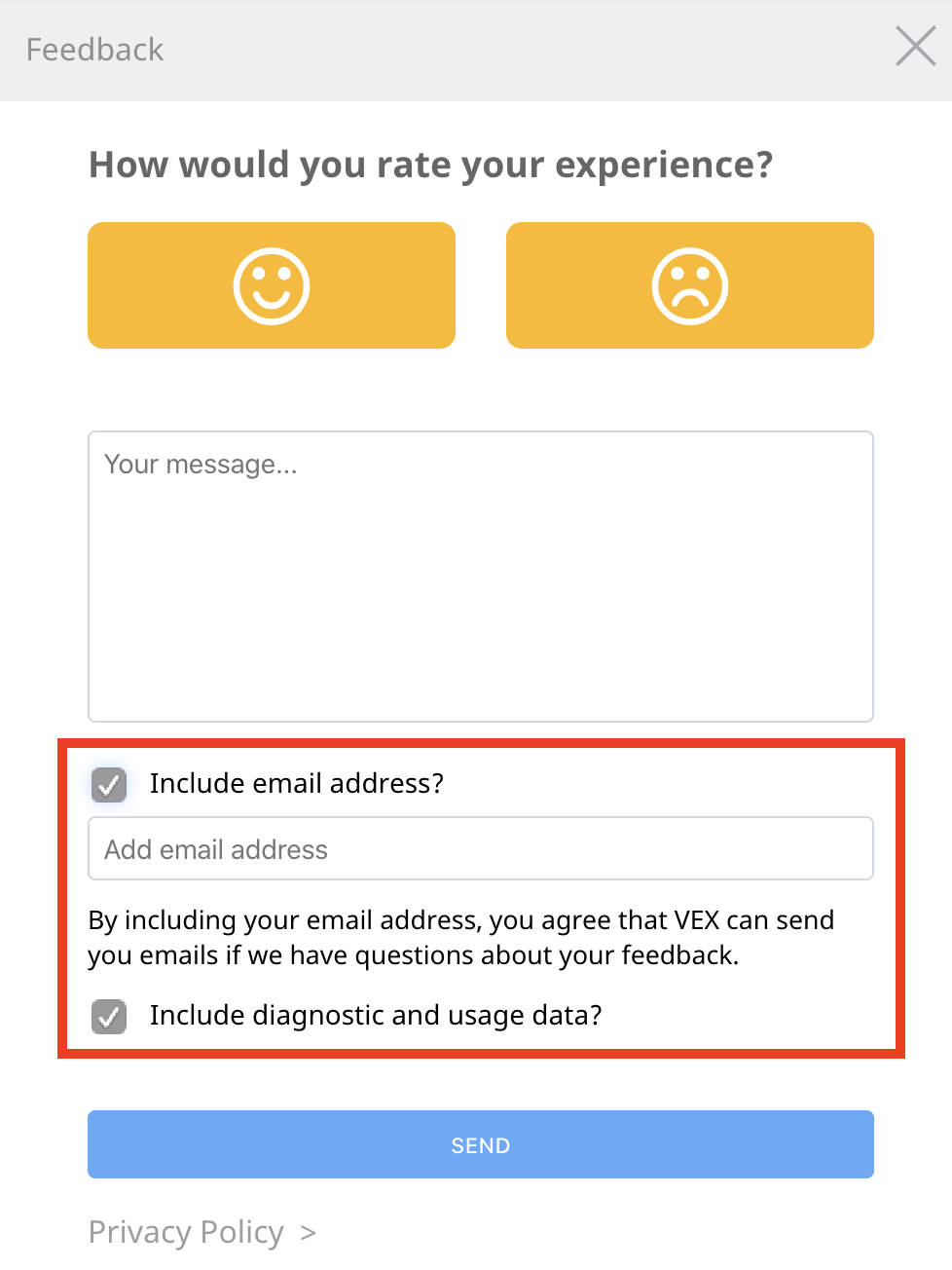 E-posta Adresi ve Tanılama Alanlarını Dahil Et alanlarının vurgulandığı VEXcode IQ Geri Bildirim Penceresi. Yanıt almak için e-posta adresini dahil etmek veya etmemek arasında seçim yapabileceğiniz bir onay kutusu var. Aşağıda, tanılama ve kullanım verilerini eklemek için başka bir onay kutusu bulunmaktadır. Her iki onay kutusu da işaretli.