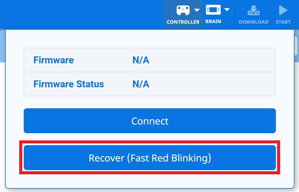VEXcode IQ dengan ikon Pengontrol berwarna putih pada Toolbar, menunjukkan bahwa tidak ada Pengontrol yang terhubung. Menu tarik-turun Pengontrol terbuka dan tombol Pulihkan (Berkedip Merah Cepat) disorot.