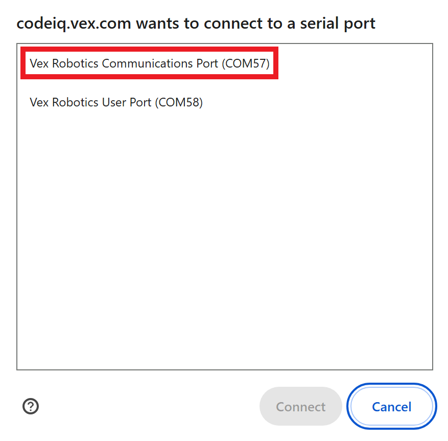 Browservenster voor apparaatverbinding, met daarin twee items. Het ene item heet VEX Robotics Communications Port en is gemarkeerd. Het andere item heet VEX Robotics User Port.